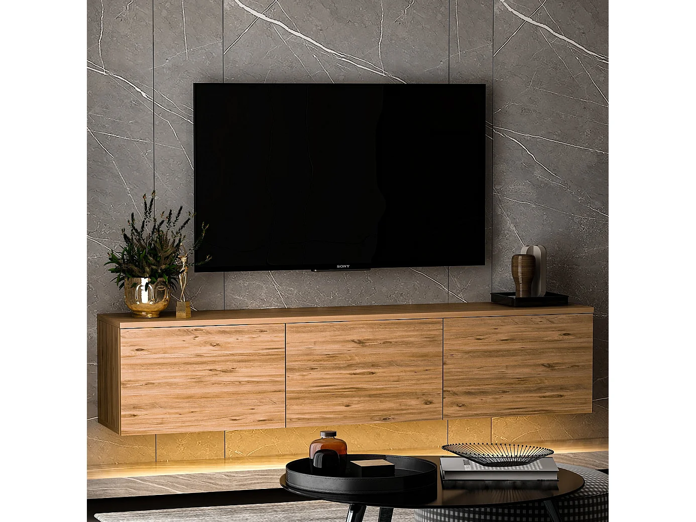 Meuble TV suspendu en bois avec éclairage LED "Neon illuminated" - 160 x 32 x 35 cm - Marron