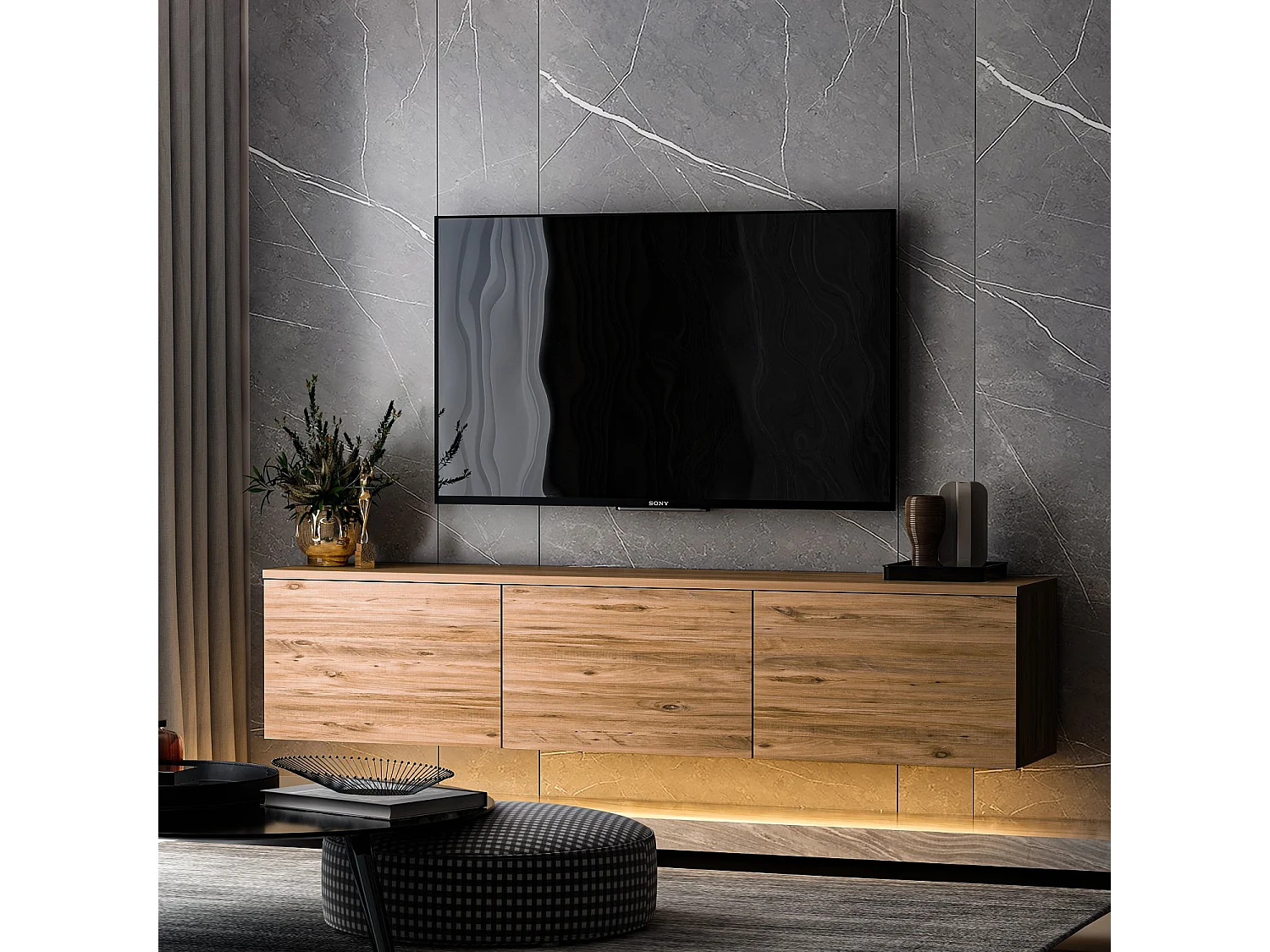 Meuble TV suspendu en bois avec éclairage LED "Neon illuminated" - 160 x 32 x 35 cm - Marron