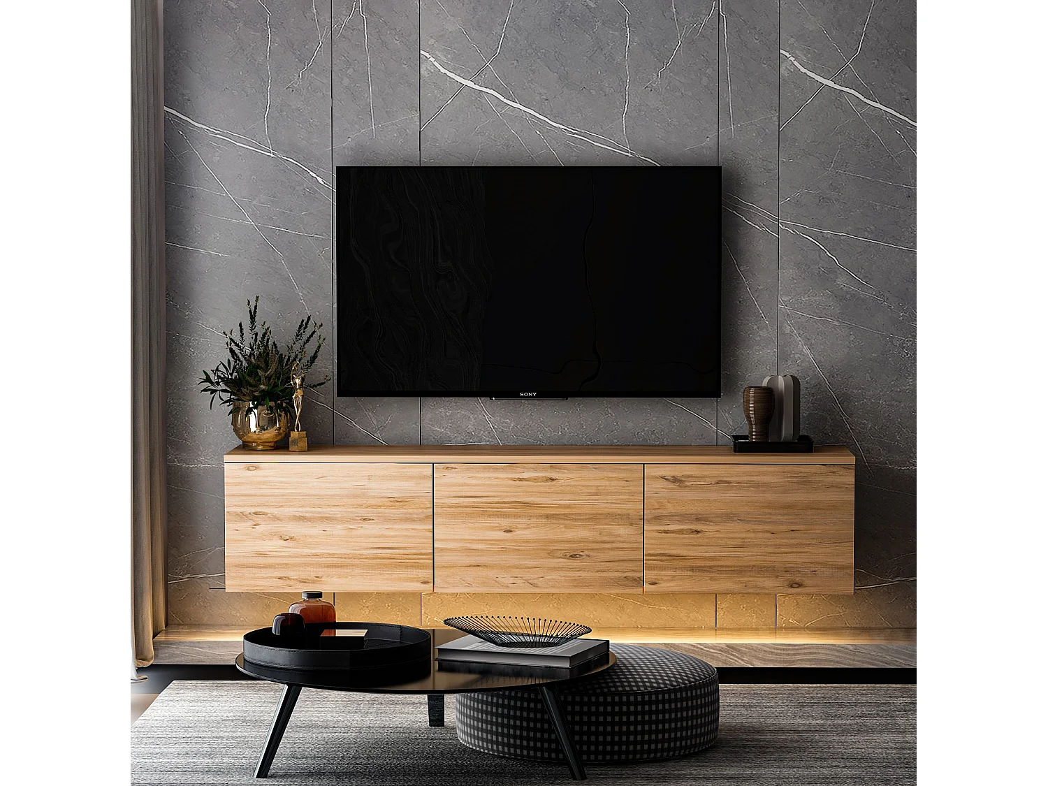 Meuble TV suspendu en bois avec éclairage LED "Neon illuminated" - 160 x 32 x 35 cm - Marron