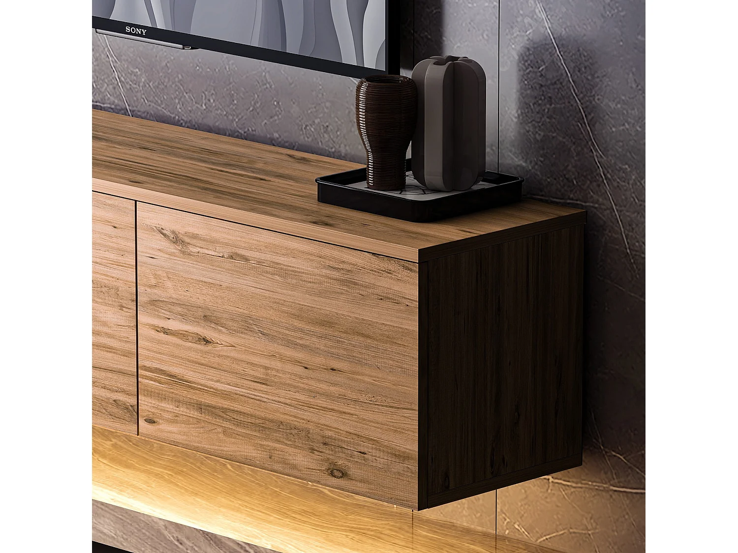 Meuble TV suspendu en bois avec éclairage LED "Neon illuminated" - 160 x 32 x 35 cm - Marron