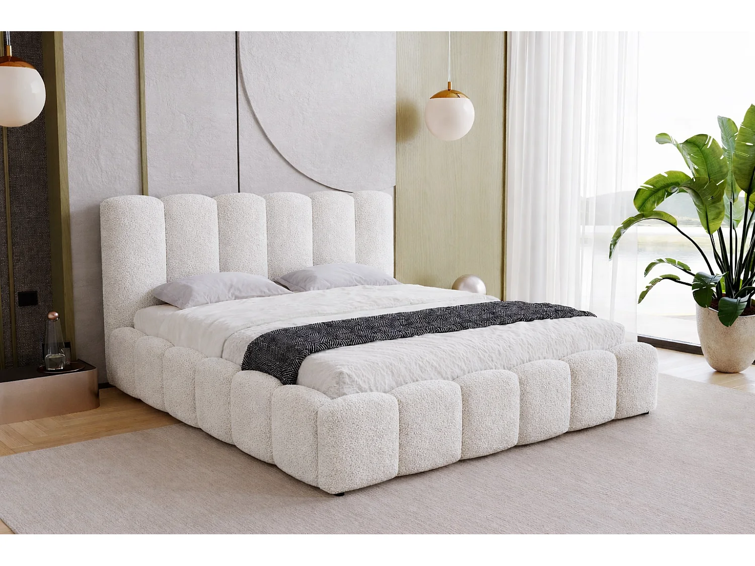 Lit adulte 140x200 cm Florent avec rangement, tete de lit, sommier - tissu bouclé, Crème (Lambi 1)