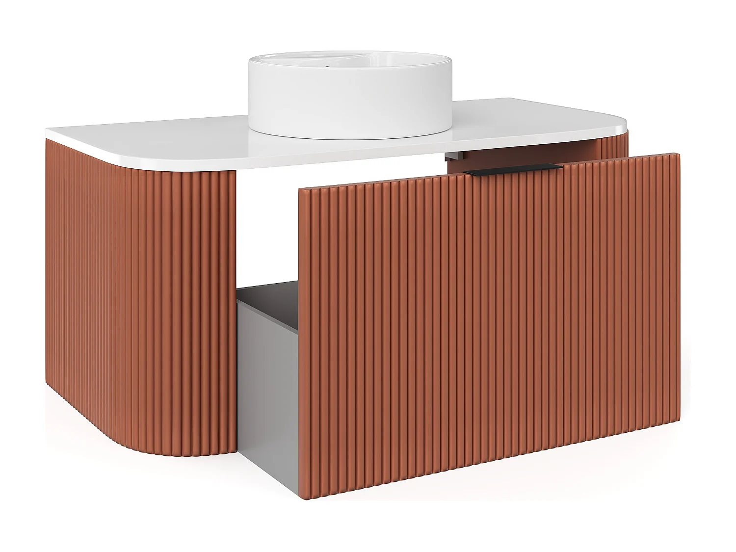 Meuble de salle de bain suspendu strié avec vasque à poser ronde - Terracotta mat - 100 cm - LOMERI