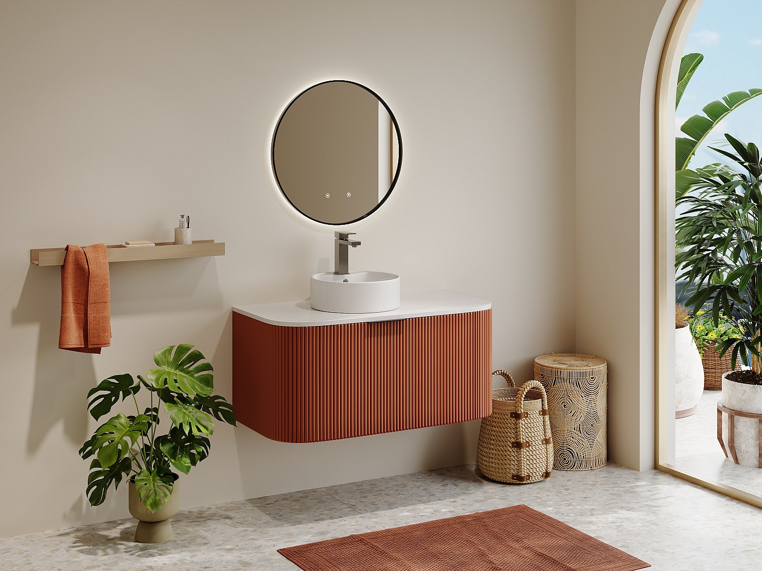 Vente-unique Hängender Gerillter Badezimmerschrank Mit Rundem Aufsatzwaschbecken – Terrakotta Matt – 100 Cm – Lomeri