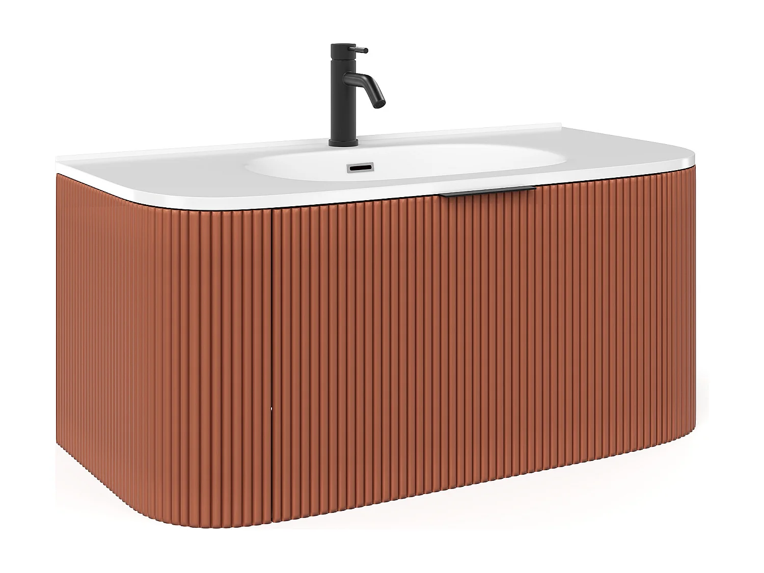 Meuble de salle de bain suspendu strié avec vasque à encastrer et robinet - Terracotta mat - 100 cm - LOMERI