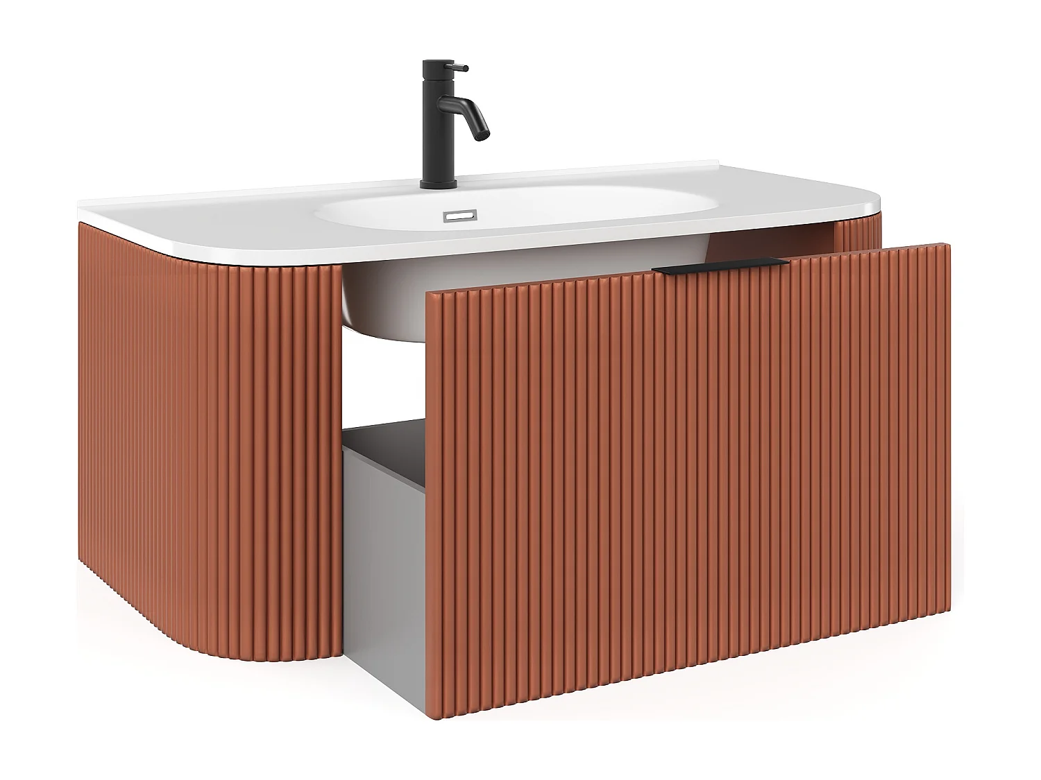 Meuble de salle de bain suspendu strié avec vasque à encastrer et robinet - Terracotta mat - 100 cm - LOMERI