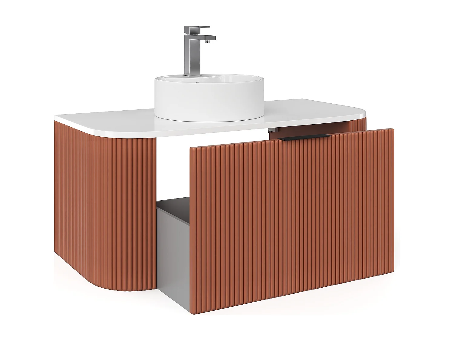Meuble de salle de bain suspendu strié avec vasque à poser ronde et robinet - Terracotta mat - 100 cm - LOMERI