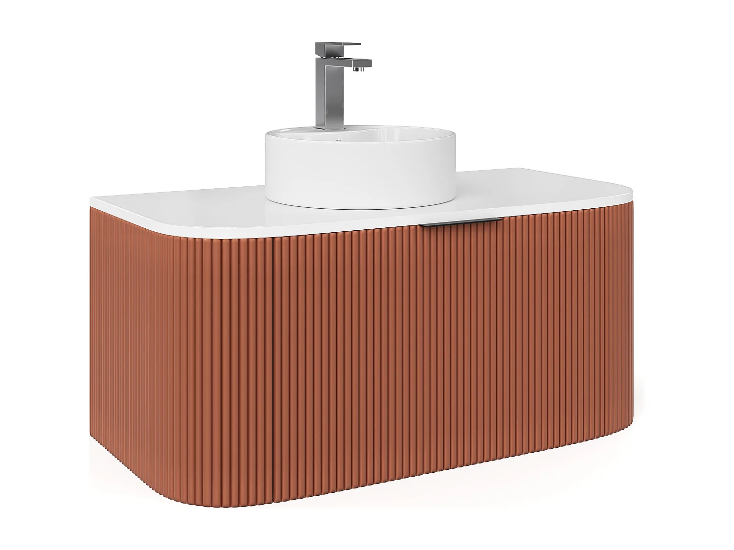 Meuble de salle de bain suspendu strié avec vasque à poser ronde et robinet - Terracotta mat - 100 cm - LOMERI