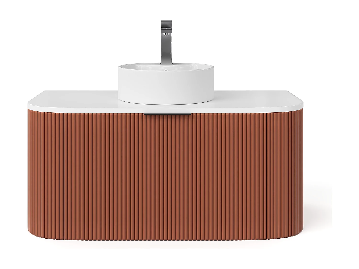 Meuble de salle de bain suspendu strié avec vasque à poser ronde et robinet - Terracotta mat - 100 cm - LOMERI