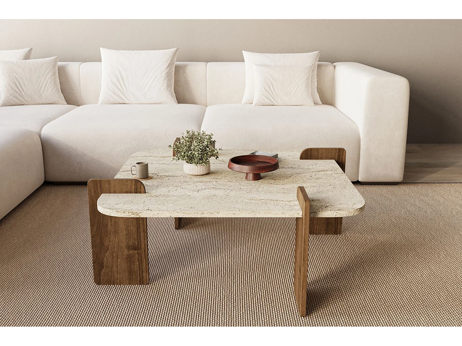 Table basse en bois "Afrolli" - 90 x 90 x 35 cm - Travertin