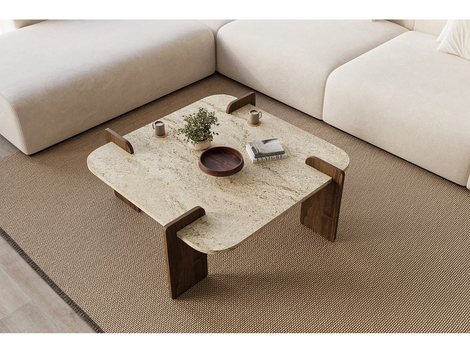 Table basse en bois "Afrolli" - 90 x 90 x 35 cm - Travertin