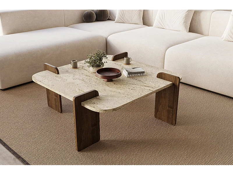 Table basse en bois "Afrolli" - 90 x 90 x 35 cm - Travertin