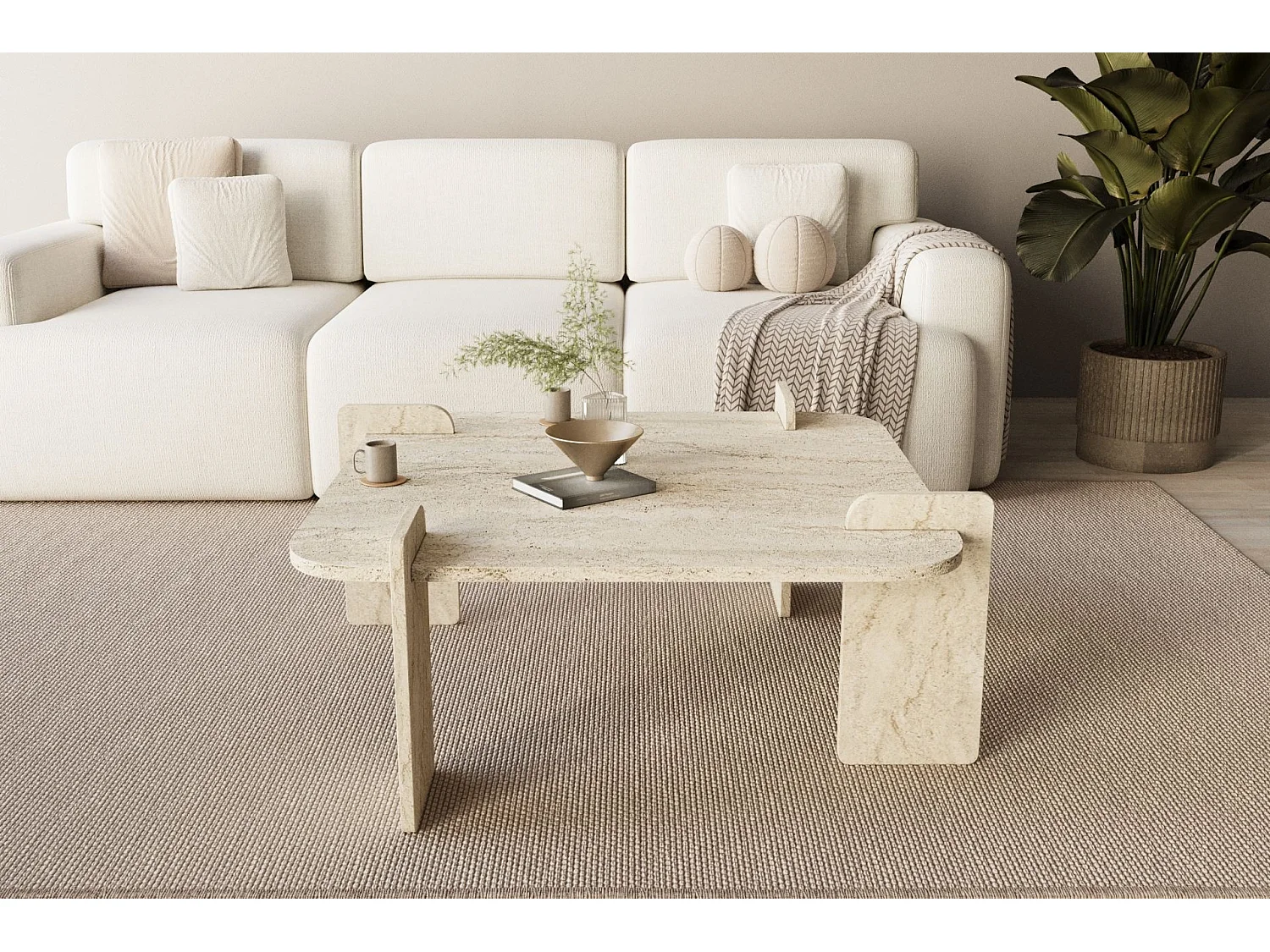 Modernt Travertin Trä Kaffebord "Woog" 90 x 90 x 35 cm - Elegant Design