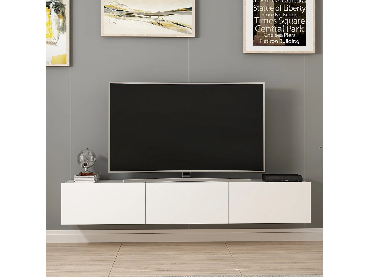 Meuble TV suspendu en bois "Rigel" - 180 x 32 x 30 cm - Blanc