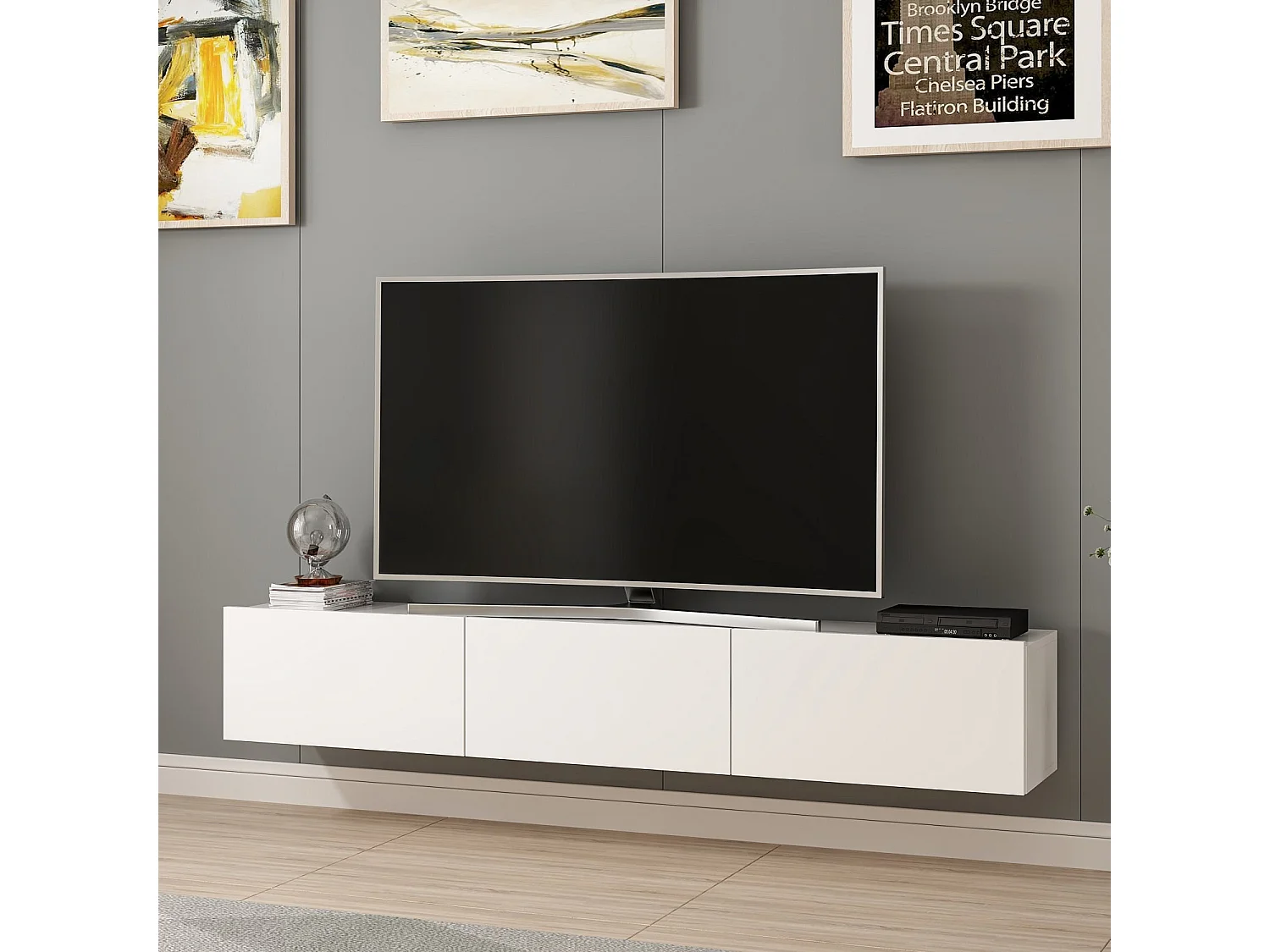 Meuble TV suspendu en bois "Rigel" - 180 x 32 x 30 cm - Blanc