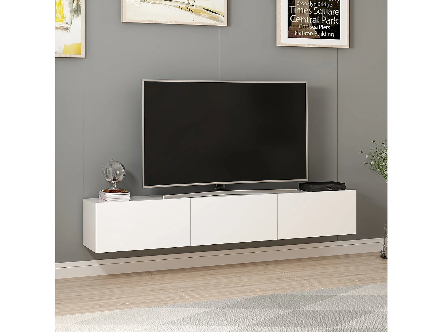 Modern Vit Trä Väggmonterad TV-stativ "Rigel" 180x32x30 cm - Elegant Design