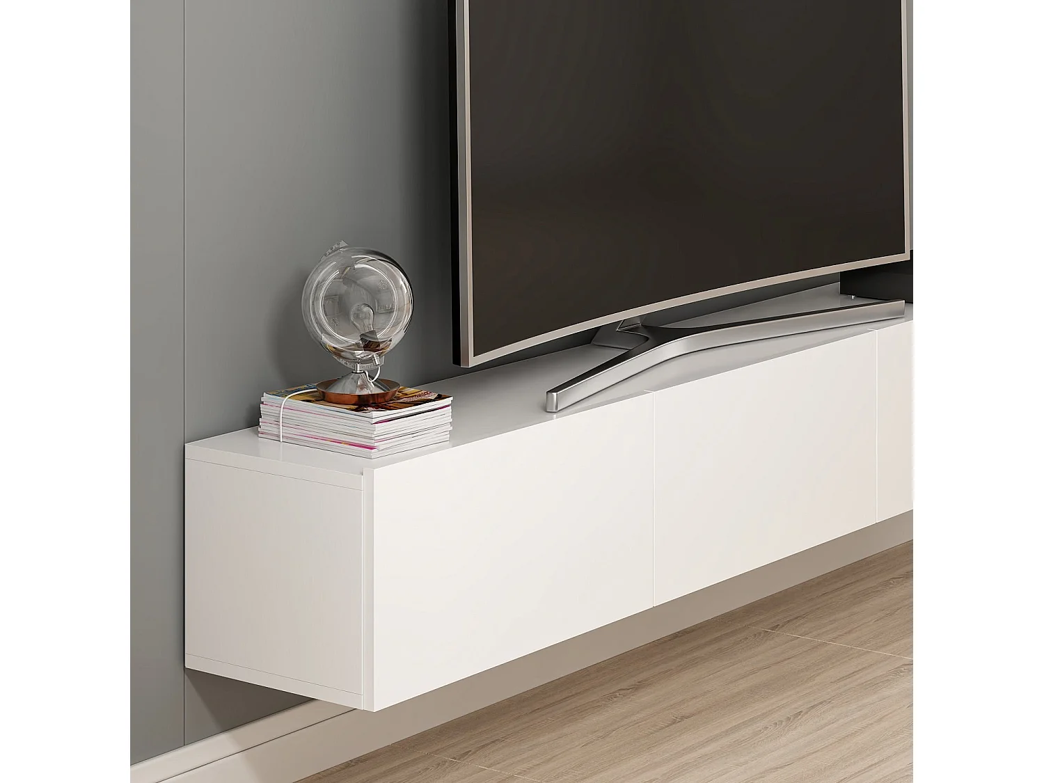 Modern Vit Trä Väggmonterad TV-stativ "Rigel" 180x32x30 cm - Elegant Design