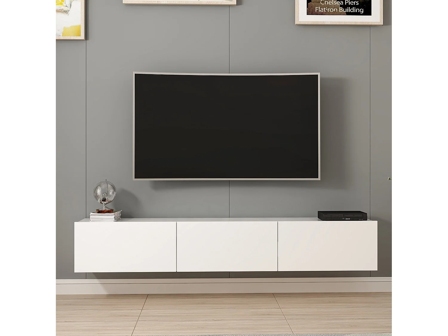 Modern Vit Trä Väggmonterad TV-stativ "Rigel" 180x32x30 cm - Elegant Design
