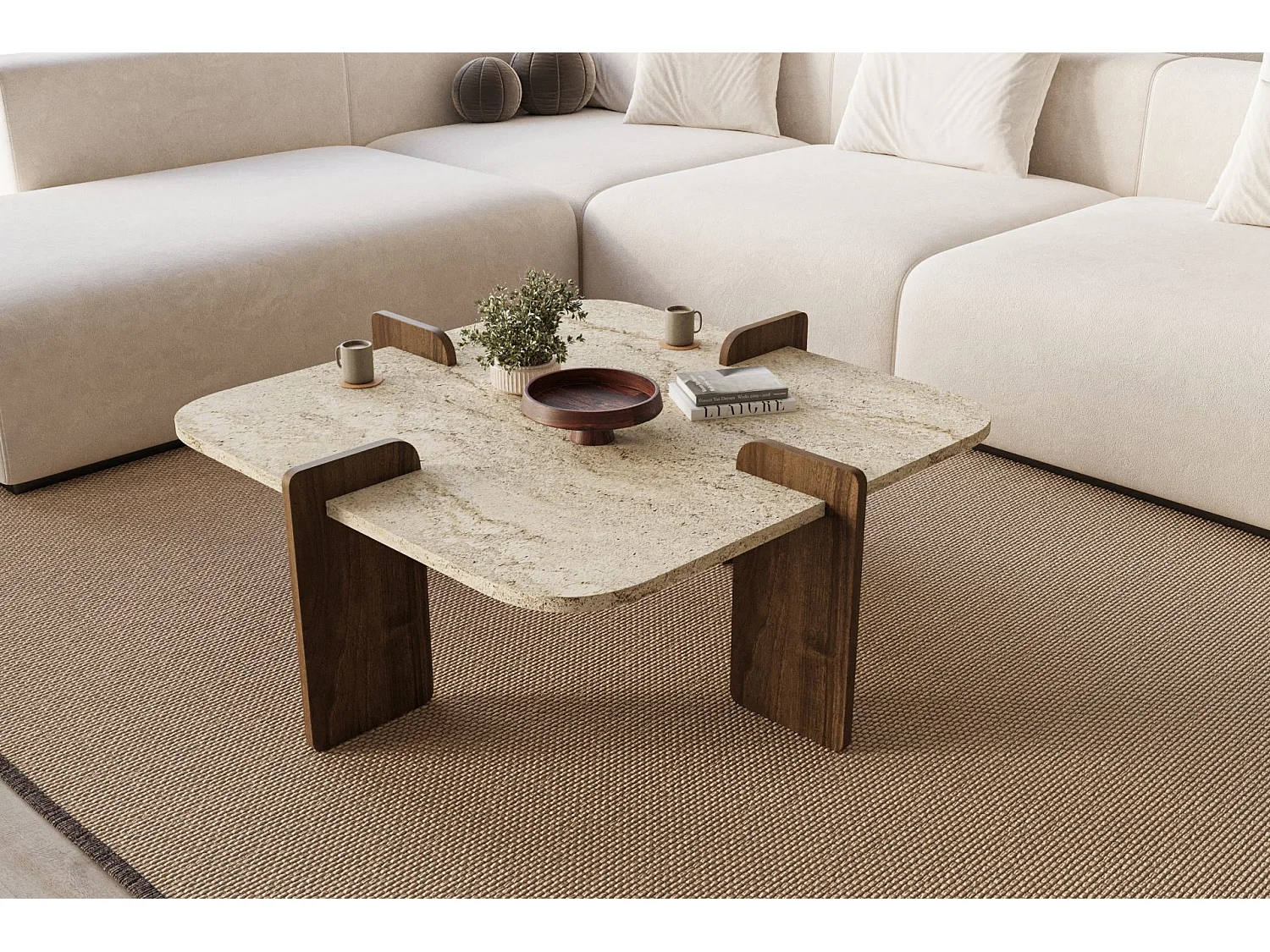 Table basse en bois "Poalla" - 90 x 90 x 35 cm - Travertin