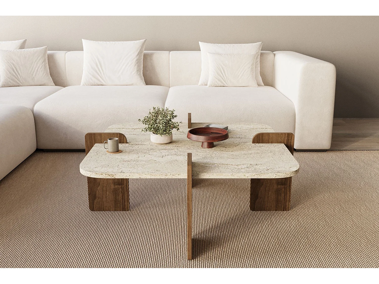 Table basse en bois "Poalla" - 90 x 90 x 35 cm - Travertin