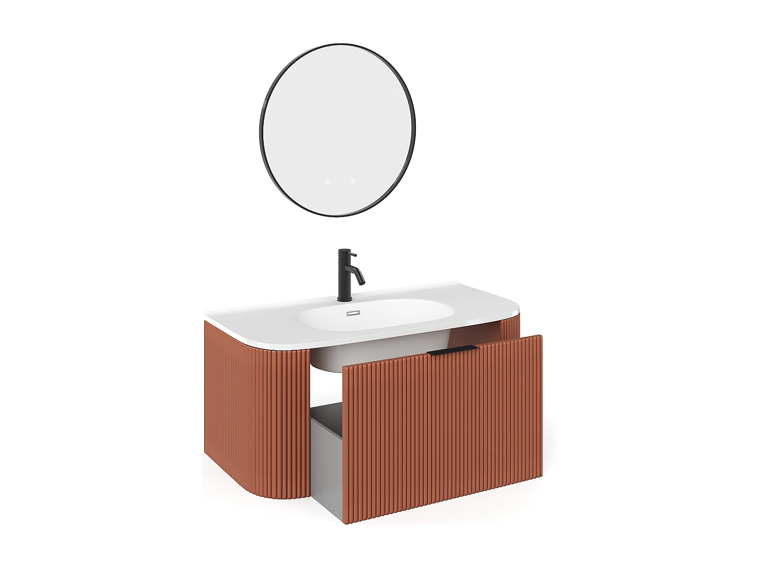 Meuble de salle de bain suspendu strié avec vasque à encastrer, robinet et miroir - Terracotta mat - 100 cm - LOMERI