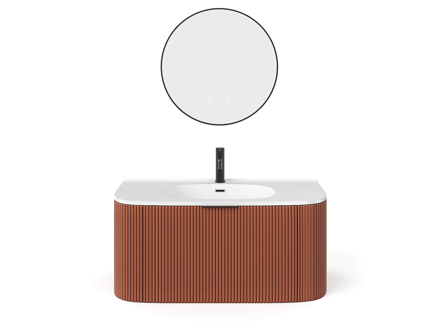 Meuble de salle de bain suspendu strié avec vasque à encastrer, robinet et miroir - Terracotta mat - 100 cm - LOMERI