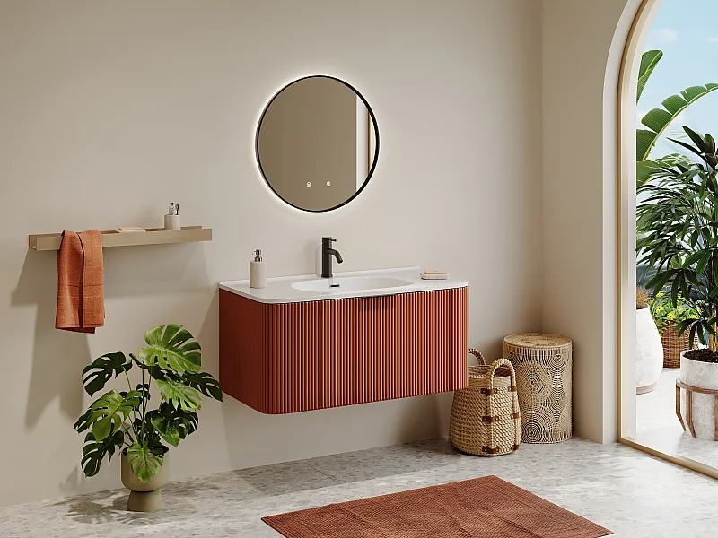 Meuble de salle de bain suspendu strié avec vasque à encastrer, robinet et miroir - Terracotta mat - 100 cm - LOMERI