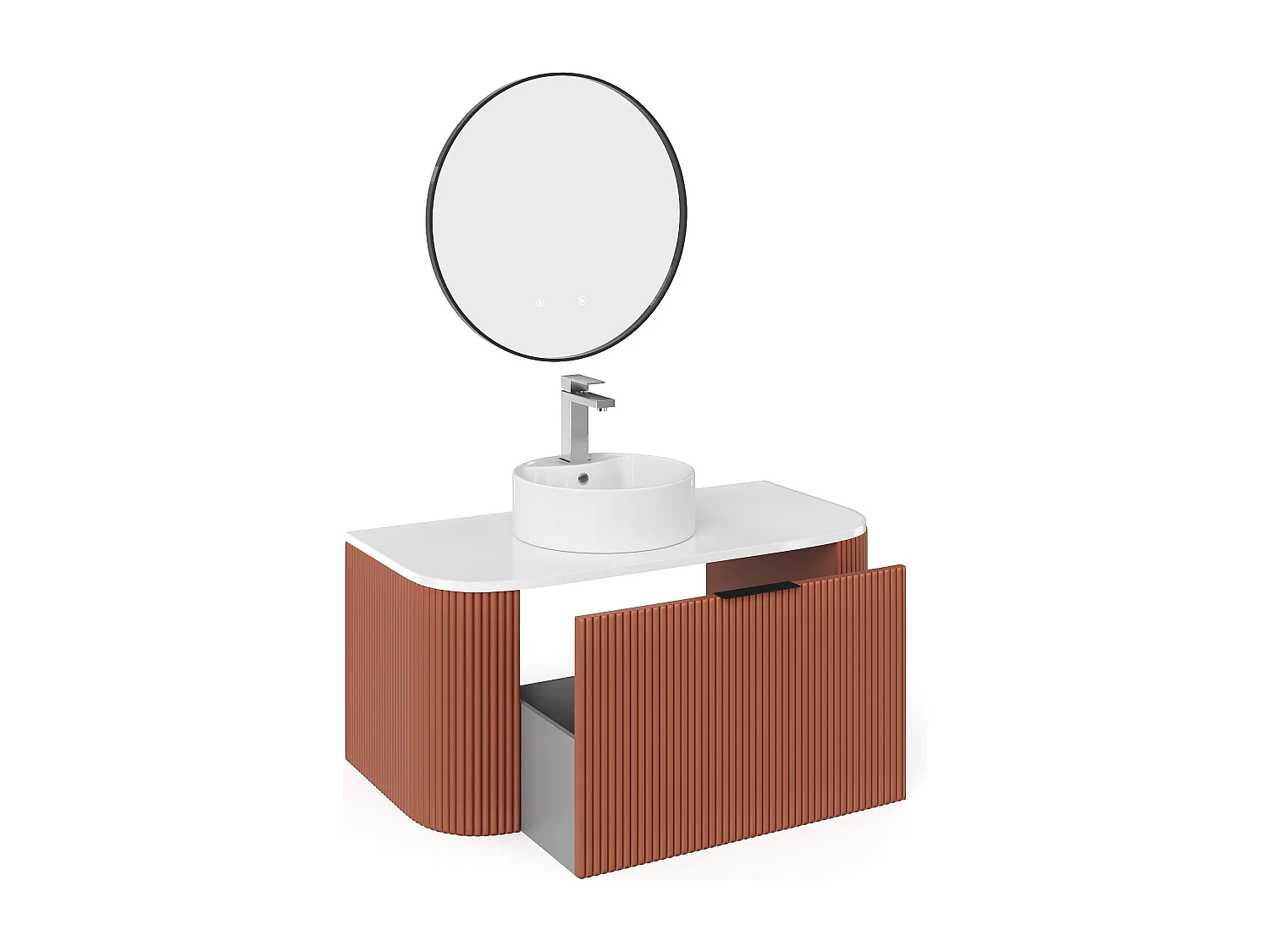 Meuble de salle de bain suspendu strié avec vasque à poser ronde, robinet et miroir - Terracotta mat - 100 cm - LOMERI