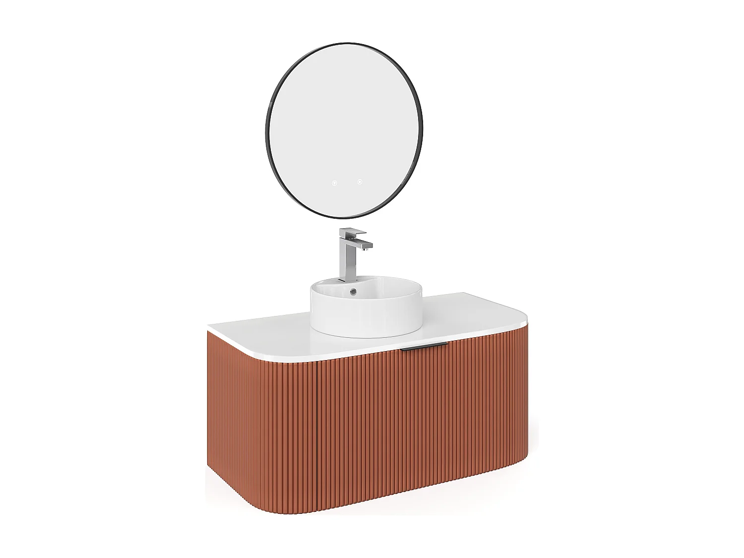 Meuble de salle de bain suspendu strié avec vasque à poser ronde, robinet et miroir - Terracotta mat - 100 cm - LOMERI