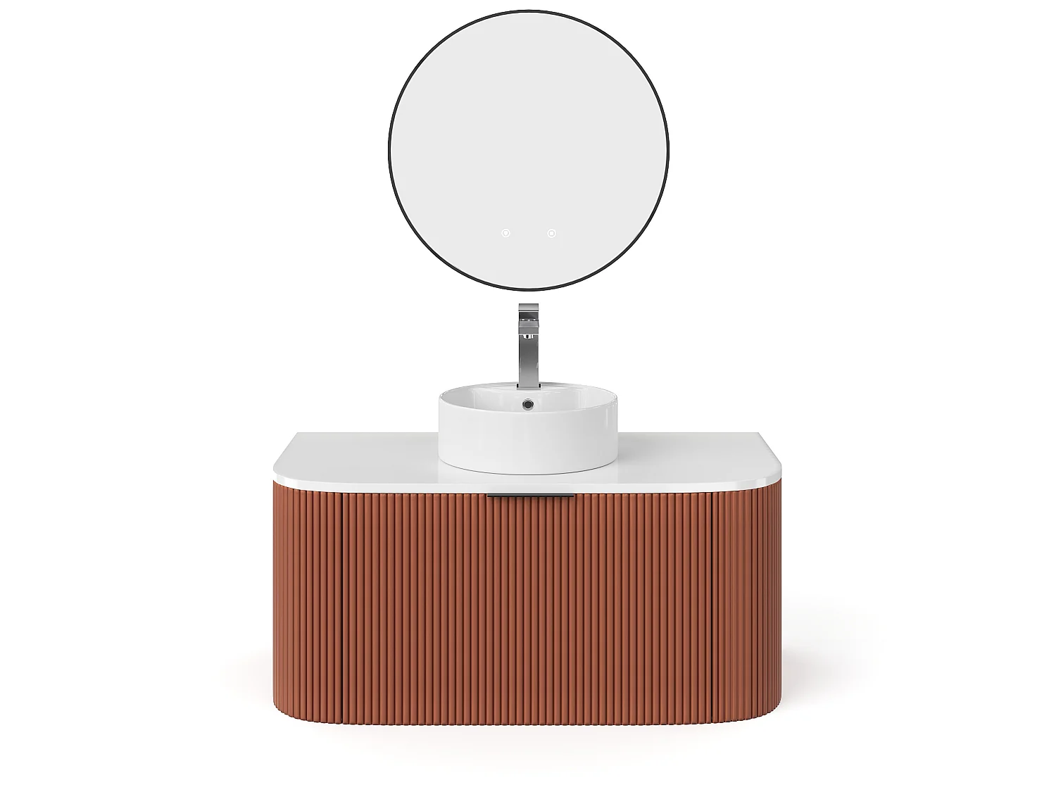 Meuble de salle de bain suspendu strié avec vasque à poser ronde, robinet et miroir - Terracotta mat - 100 cm - LOMERI