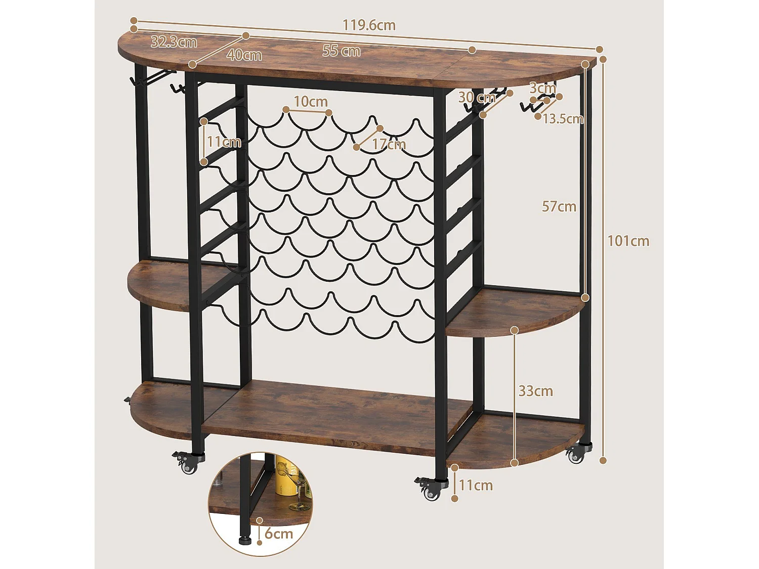 Dripex Étagère à vin 25 Bouteilles, Meuble Rangement avec 4 Rangées Porte-Verres, Buffet de Cuisine, 119.6 x 40 x 101cm