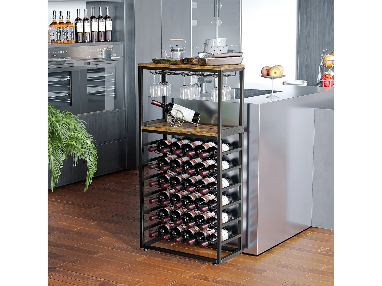 Dripex Étagère à vin pour 30 Bouteilles, étagère à Bouteilles Autonome avec Support en Verre et Plateau de Table, Salle à Manger, 59 x 30 x 141 cm