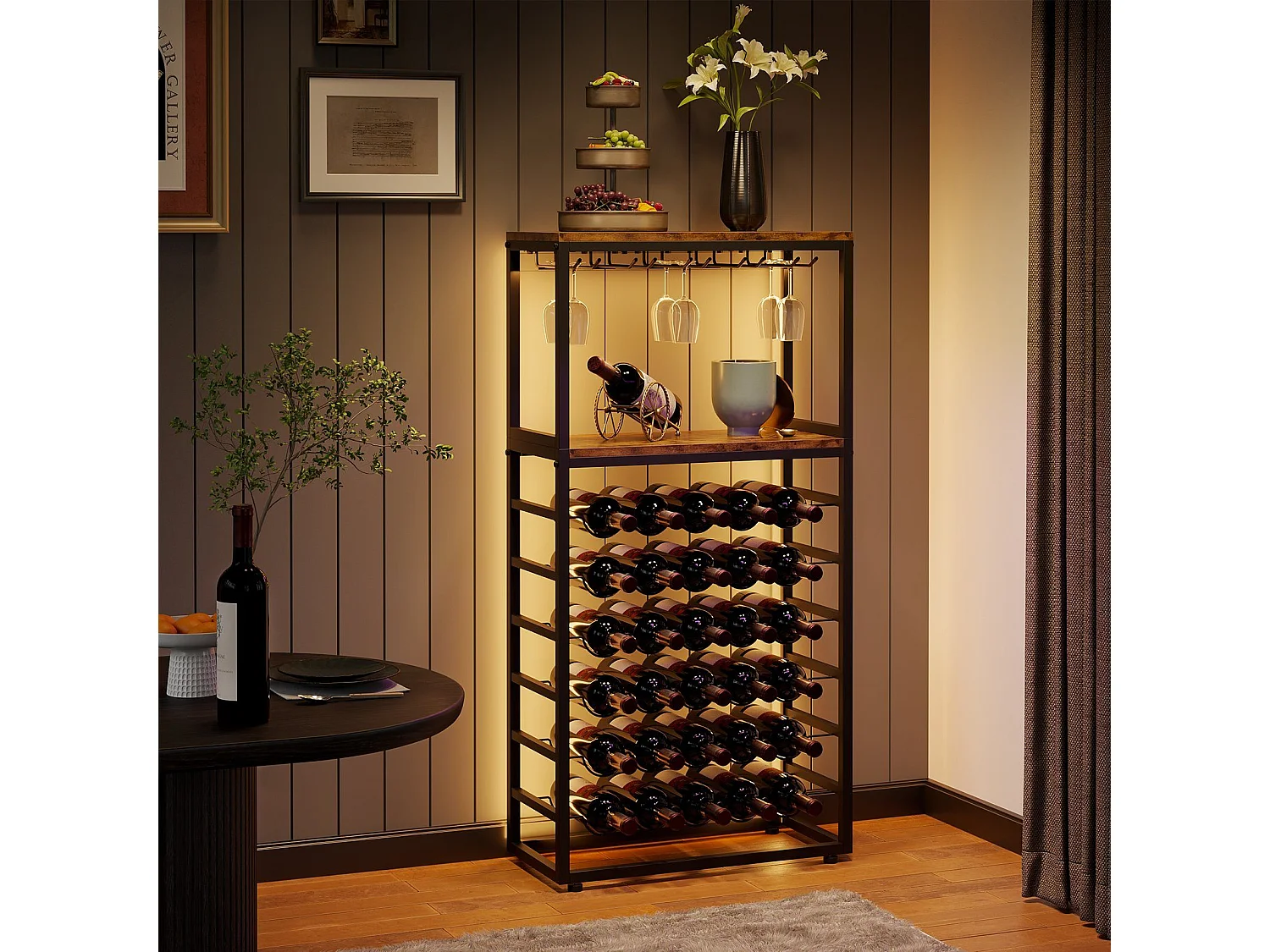 Dripex Étagère à vin pour 30 Bouteilles, étagère à Bouteilles Autonome avec Support en Verre et Plateau de Table, Salle à Manger, 59 x 30 x 141 cm