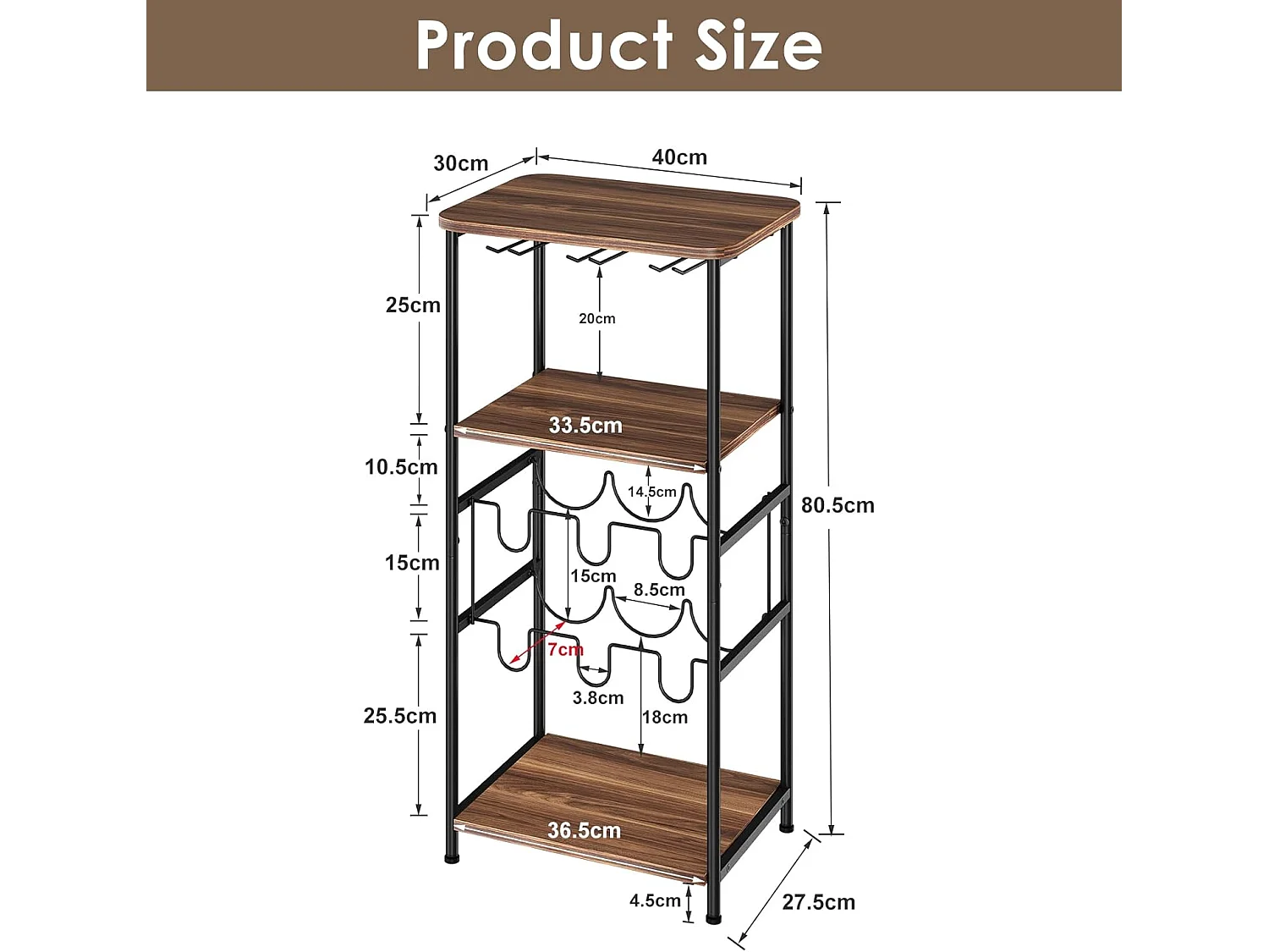 Dripex Étagère à vin à 5 étages avec Support en Verre et Plateau de Table, étagère à Bouteilles pour 6 Bouteilles, 40 x 30 x 80,5 cm