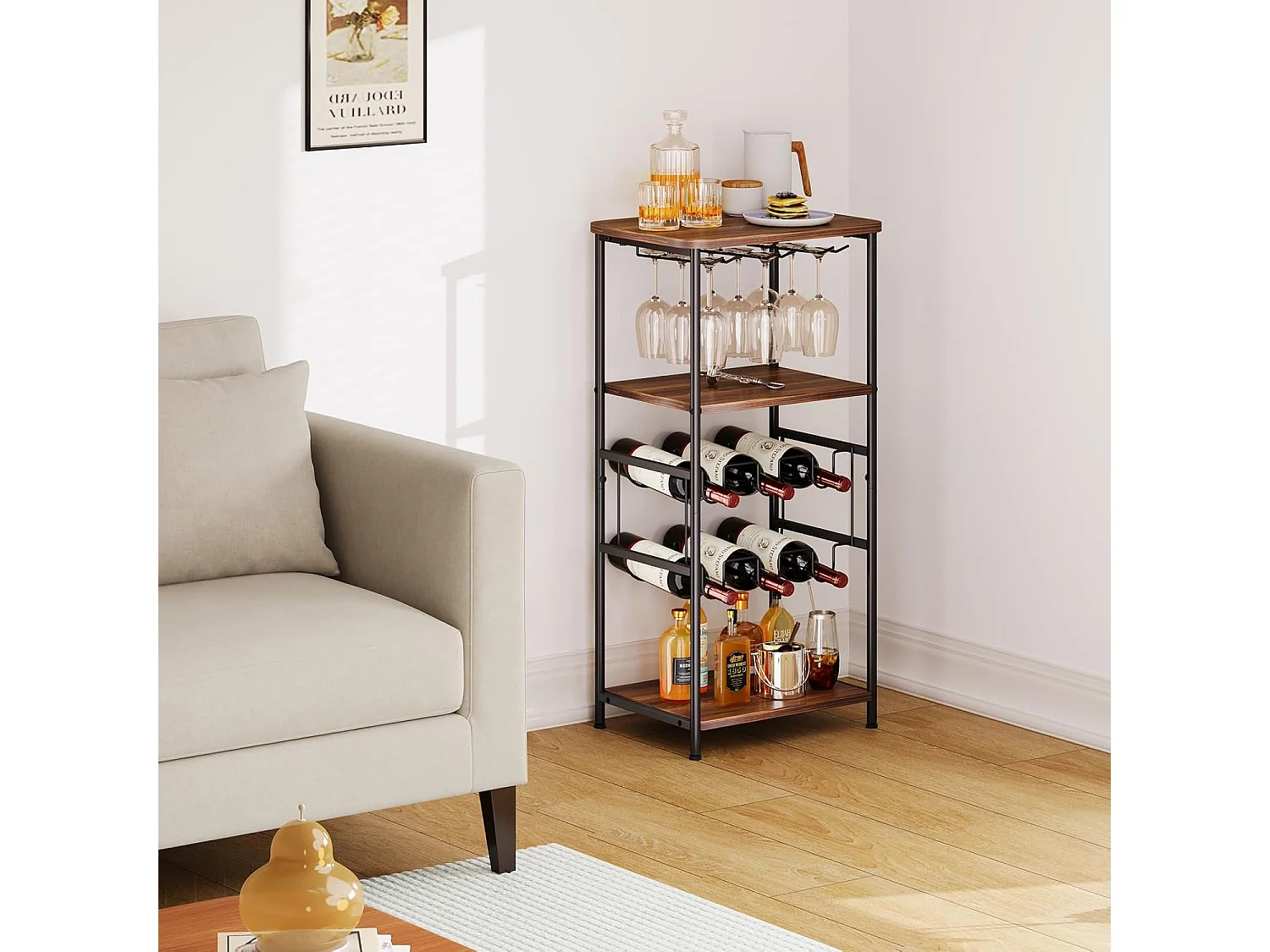 Dripex Étagère à vin à 5 étages avec Support en Verre et Plateau de Table, étagère à Bouteilles pour 6 Bouteilles, 40 x 30 x 80,5 cm