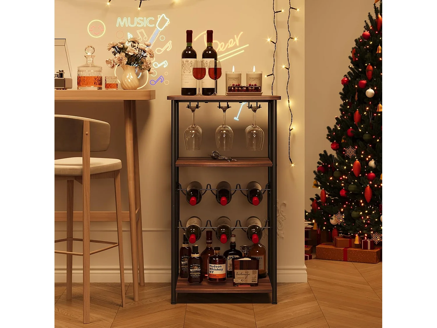 Dripex Étagère à vin à 5 étages avec Support en Verre et Plateau de Table, étagère à Bouteilles pour 6 Bouteilles, 40 x 30 x 80,5 cm