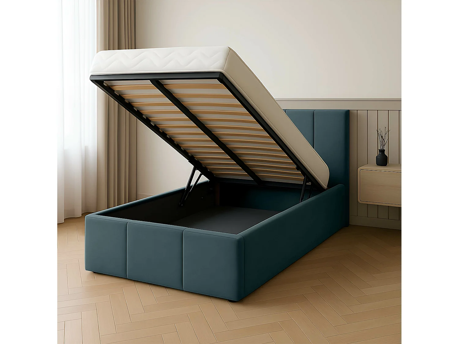 Bed Gestoffeerd 90cm x 200cm Enkel Met Opbergruimte Turquoise