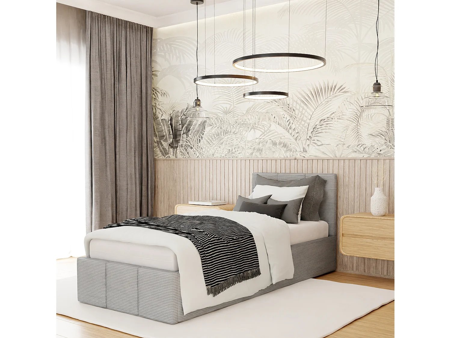 Łóżko Pojedyncze 90x200cm Łóżko Tapicerowane Z Pojemnikiem Szare - Tkanina Cord