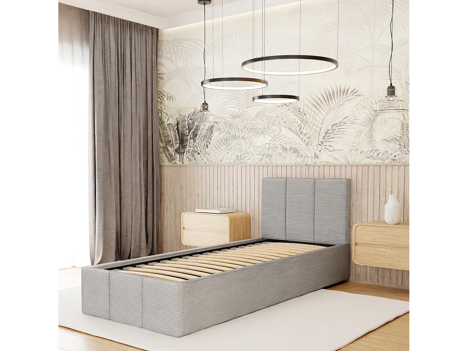 Łóżko Pojedyncze 90x200cm Łóżko Tapicerowane Z Pojemnikiem Szare - Tkanina Cord