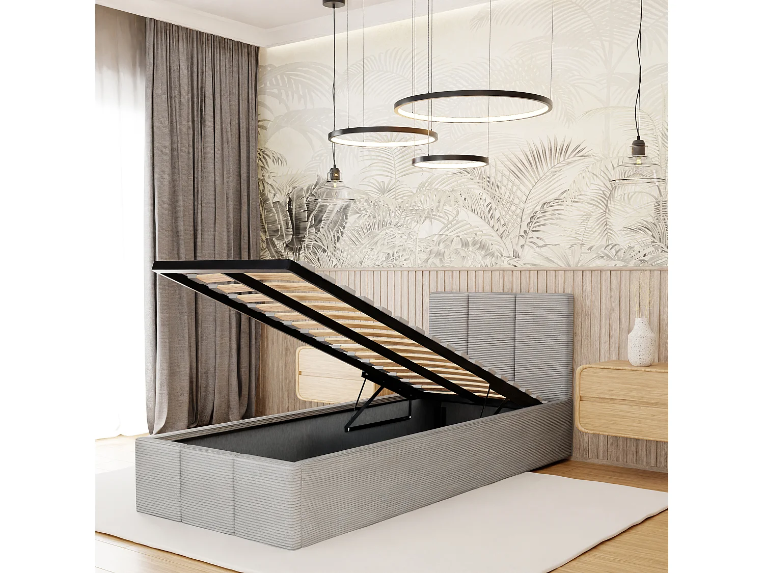 Łóżko Pojedyncze 90x200cm Łóżko Tapicerowane Z Pojemnikiem Szare - Tkanina Cord