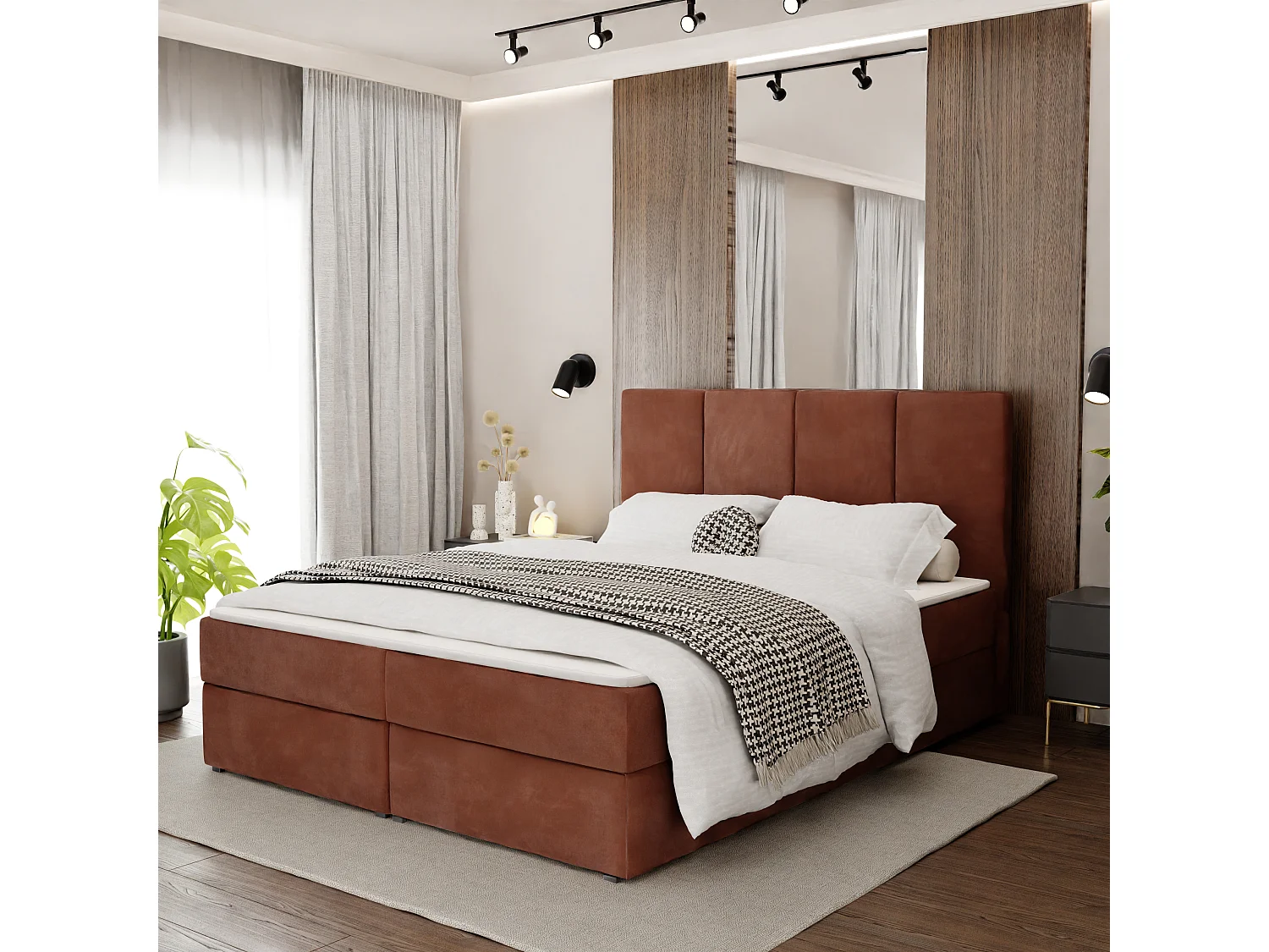 Muralo KONTINENTALBETT für Schlafzimmer Polsterbett mit zwei Bettkasten Bett mit Polsterkopfteil Doppelbett 140x200 Bett mit Stauraum Honigfarbe