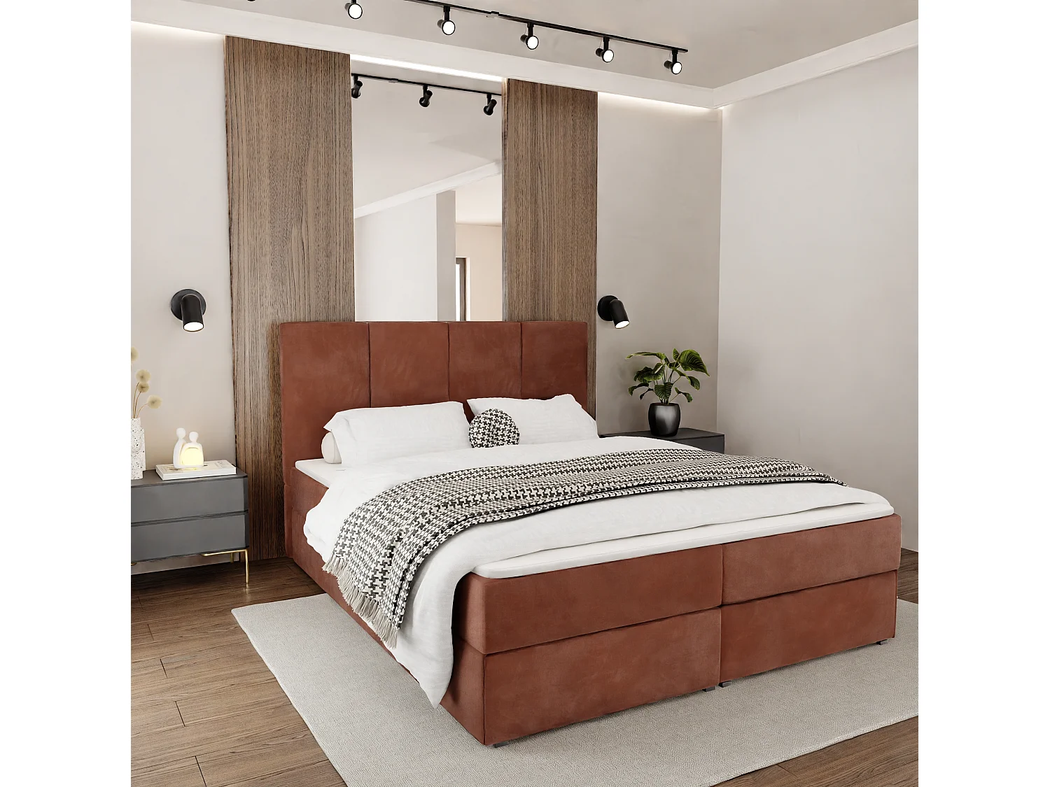 Muralo KONTINENTALBETT für Schlafzimmer Polsterbett mit zwei Bettkasten Bett mit Polsterkopfteil Doppelbett 140x200 Bett mit Stauraum Honigfarbe