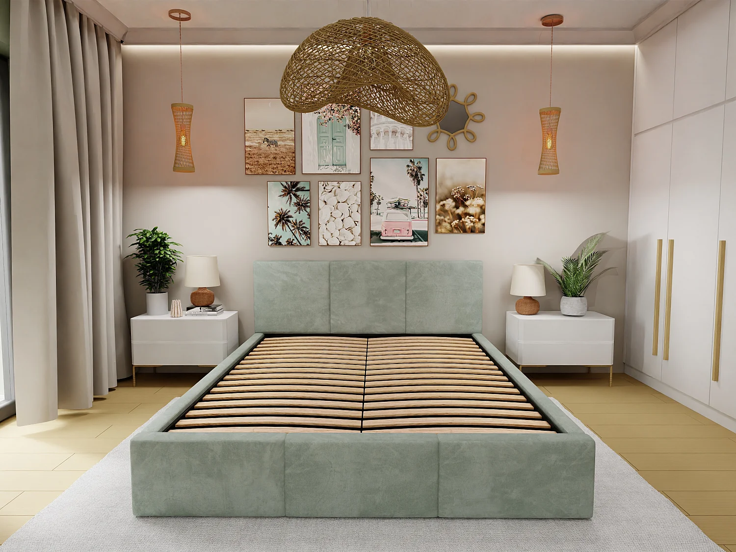Bed Gestoffeerd 160cm x 200cm Dubbel Met Opbergruimte Muntgroen Voor De Slaapkamer