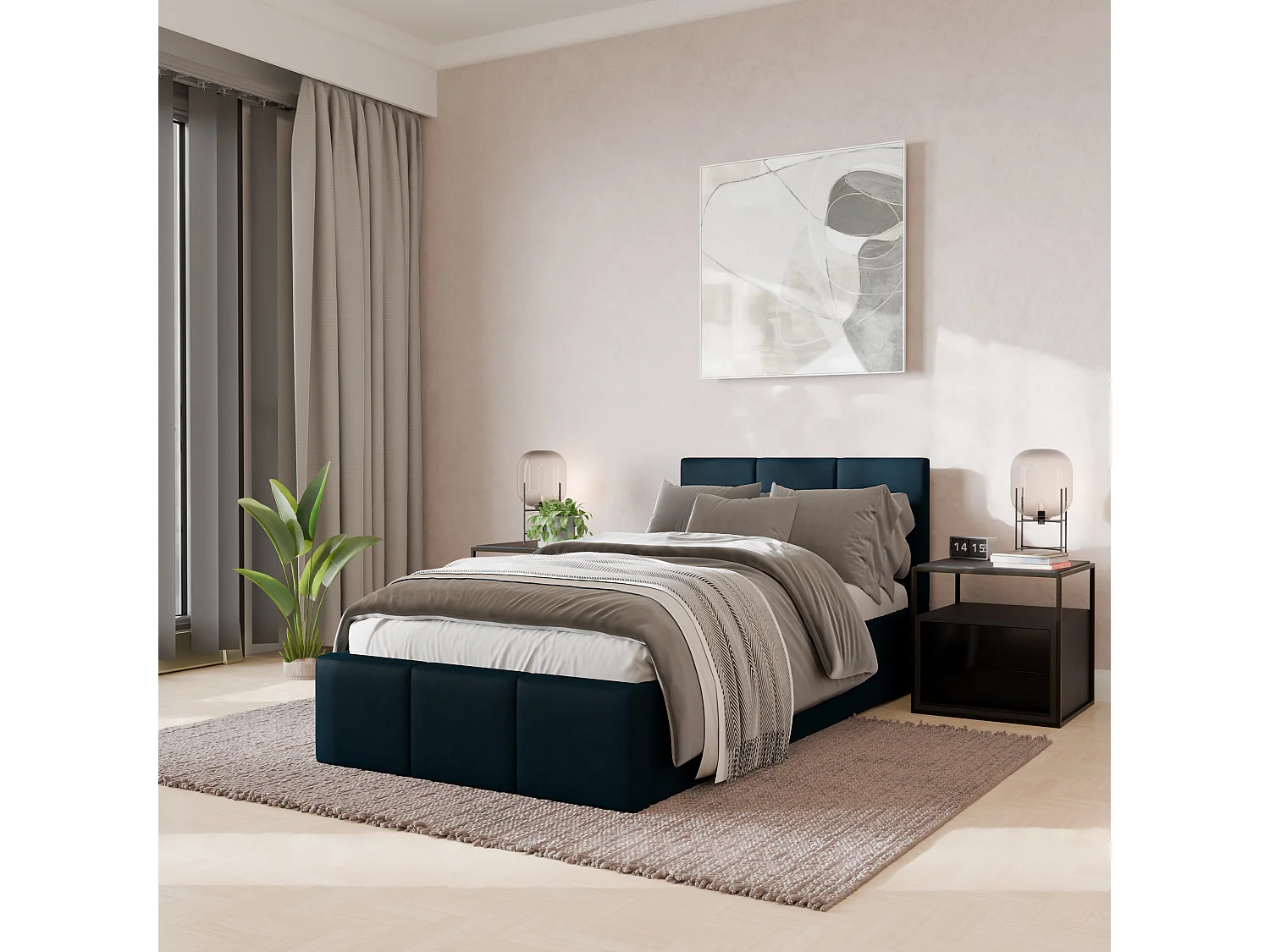 Bed Gestoffeerd 90cm x 200cm Enkel Met Opbergruimte Marineblauw