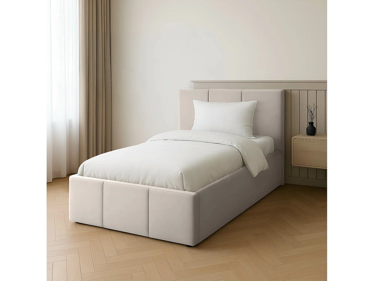 Muralo POLSTERBETT für Schlafzimmer Polsterbett mit Bettkasten und Gasdruckfeder Bett mit Polsterkopfteil Einzelbett 90x200 Bett mit Stauraum Creme