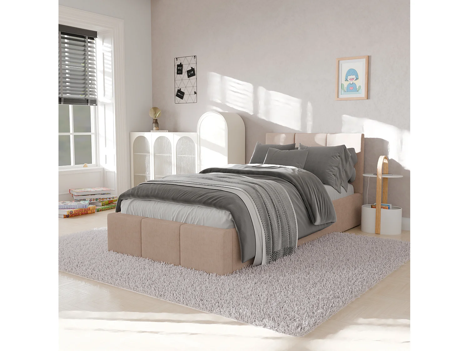 Muralo POLSTERBETT für Schlafzimmer Polsterbett mit Bettkasten und Gasdruckfeder Bett mit Polsterkopfteil Einzelbett 90x200 Bett mit Stauraum Creme