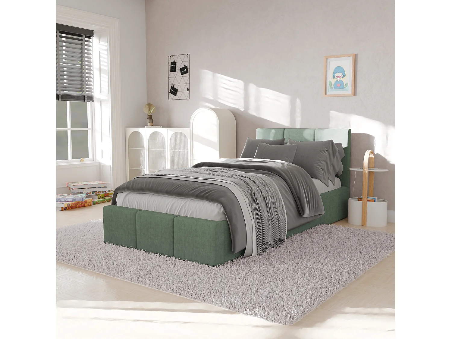 Bed Gestoffeerd 90cm x 200cm Enkel Met Opbergruimte Mintgroen