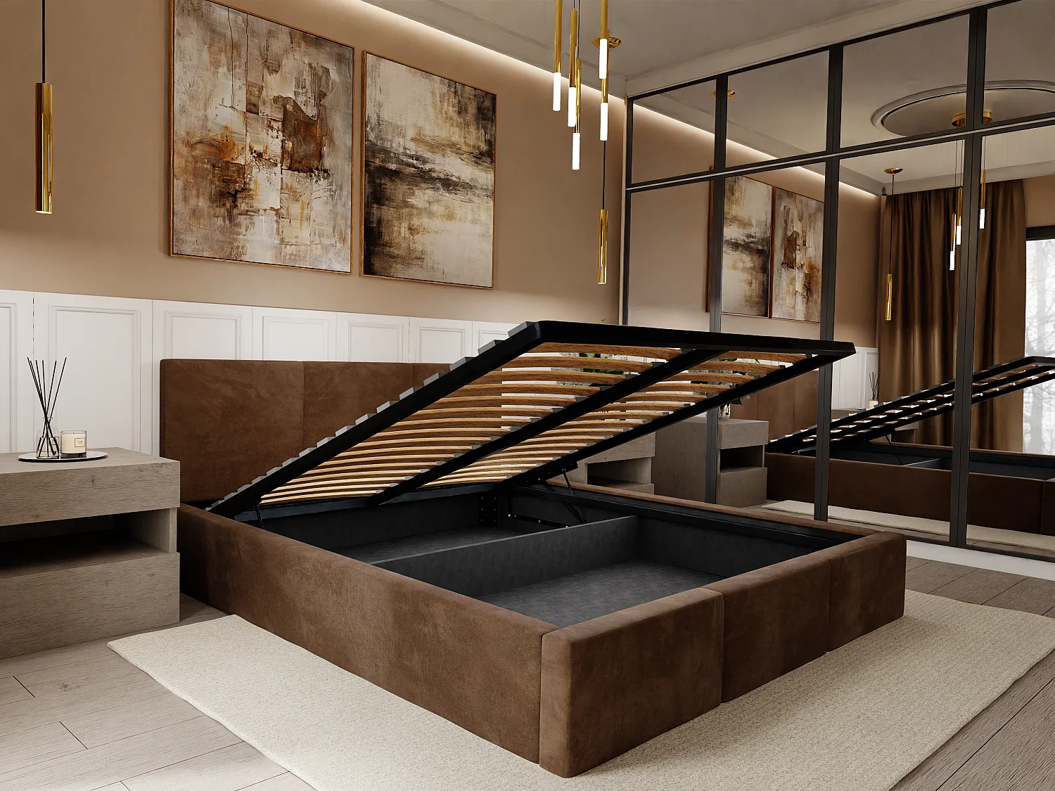 Bed Gestoffeerd Voor De Slaapkamer 120cm x 200cm Dubbel Met Opbergruimte In Bruin