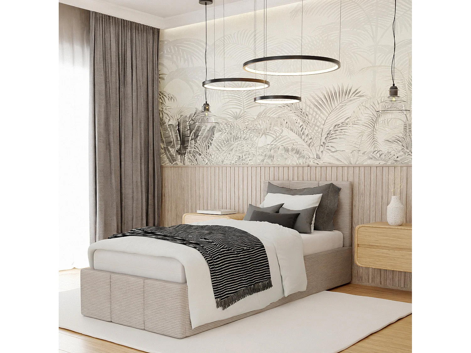 Łóżko Pojedyncze 90x200cm Łóżko Tapicerowane Z Pojemnikiem Beżowe - Tkanina Cord
