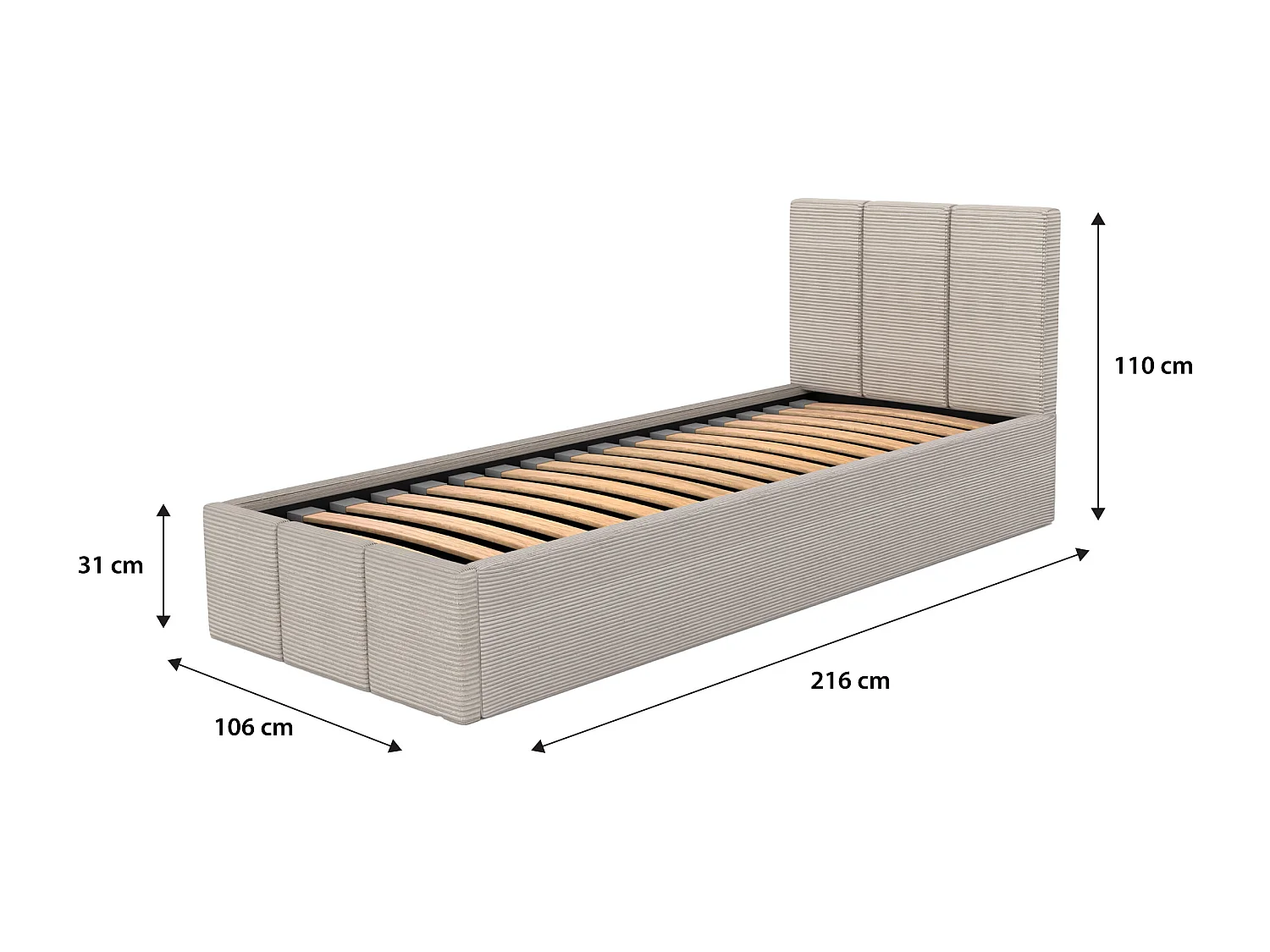 Łóżko Pojedyncze 90x200cm Łóżko Tapicerowane Z Pojemnikiem Beżowe - Tkanina Cord