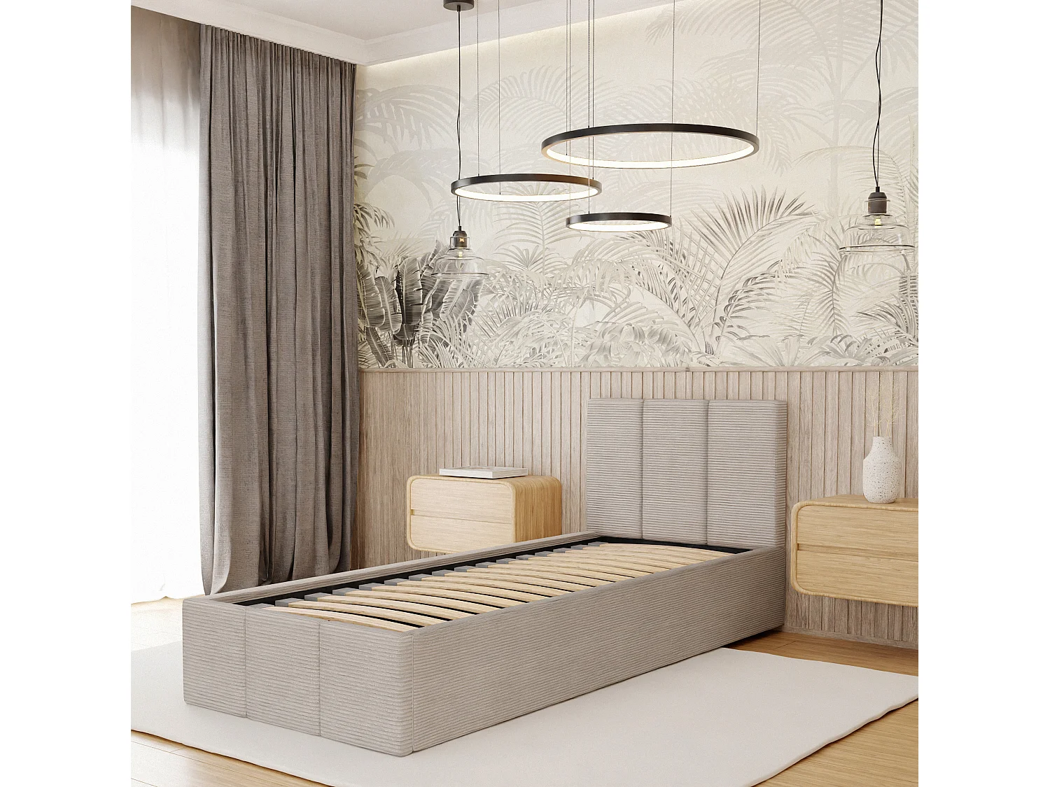 Łóżko Pojedyncze 90x200cm Łóżko Tapicerowane Z Pojemnikiem Beżowe - Tkanina Cord